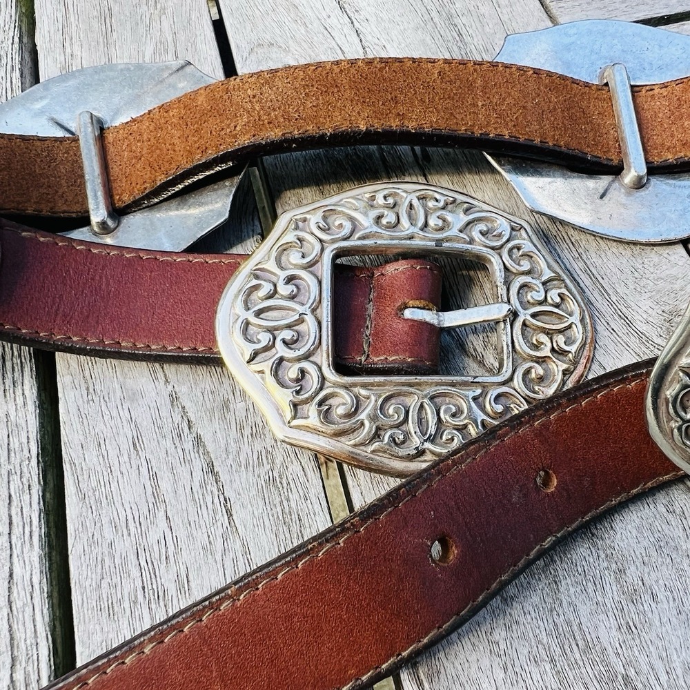 Vtg 90's Brighton Oval Sunflower Concho Belt S Brown Leather Floral Boho Cowgirl - Picture 6 of 15